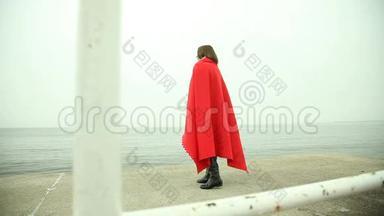 孤独的女孩穿着红毯看着大海